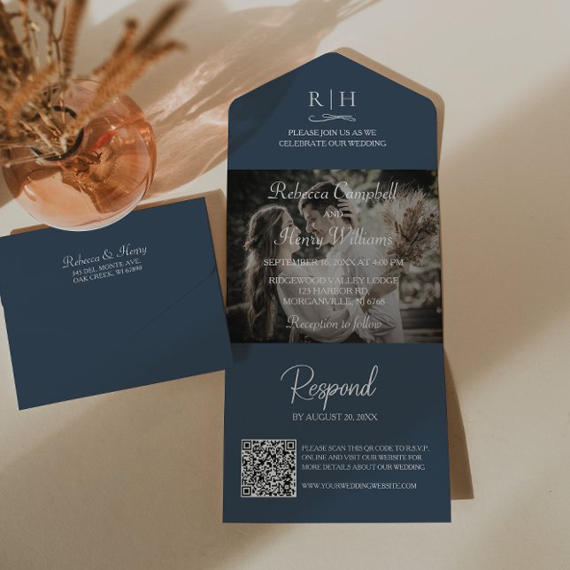 Foto för marinblått Bröllop | Monogram QR-kod (Save money and time. This all-in-one invitation includes a QR code for guests to easily RSVP online.)