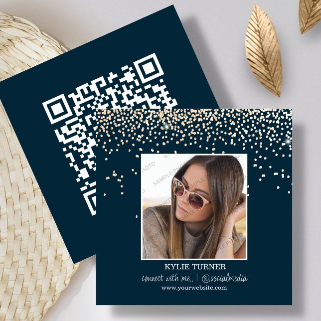 Foto för marinblått Glitter | Social Media | QR-ko Fyrkantigt Visitkort (Skapare uppladdad)