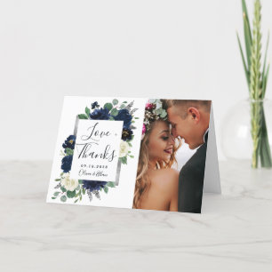 Foto för marinblått och Silver Elegant Blommigt Br Tack Kort