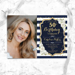 Foto för marinvit Rand Guld 50:e födelsedagen Inbjudningar<br><div class="desc">Femininininbjudan till elegantens blommigt på 50 år med ditt foto. Glam-marinens vita rosa med faux glitter guld. Med marinblått och vitt rand, ro, typsnitt och konetti. Perfekt för en snyggt vuxen under firande party. Anpassa med dina egna detaljer. Kan anpassas för vilken ålder som helst! Skrivna Zazzle-inbjudningar eller digital utskrivbar...</div>