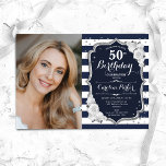 Foto för marinvit Rand Silver 50:e födelsedagen Inbjudningar<br><div class="desc">Femininininbjudan till elegantens blommigt på 50 år med ditt foto. Glam-marinens vita rosa med faux glitter silver. Med marinblått och vitt rand, ro, typsnitt och konetti. Perfekt för en snyggt vuxen under firande party. Anpassa med dina egna detaljer. Kan anpassas för vilken ålder som helst! Skrivna Zazzle-inbjudningar eller digital utskrivbar...</div>