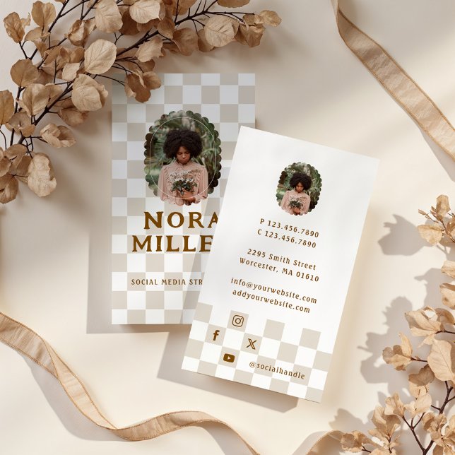 Foto för mediainfluencer i Mönster Social har kont Visitkort (Checkered Pattern Social Media Influencer Photo Business Card)