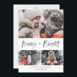 Foto för Merry and Bright Modern Push Script Colla Julkort<br><div class="desc">Det här fotokortet för elegant och snyggt kommer säkert att sprida glädje i år! Med en glatt känsla i penselskriptet med ett bläckande struktur som säger "Merry and Bright" Anpassa texten på grund och bilderna med ditt eget. Det kommer med ett klassiskt färgat, rött och svart mönster på baksidan för...</div>