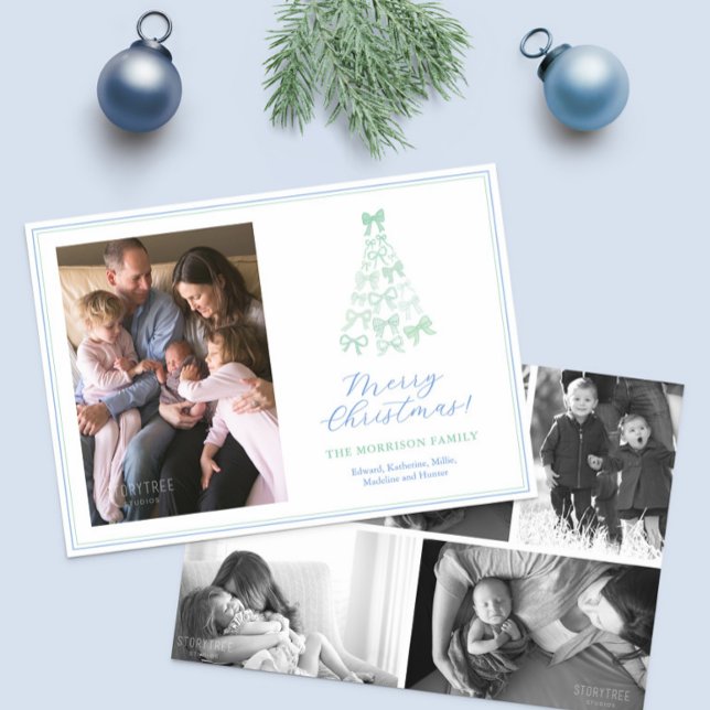 Foto för Modern Bows Blue Grönt God jul Julkort (Modern whimsical watercolor blue and green bows Merry Christmas Happy Holidays Photo Card)