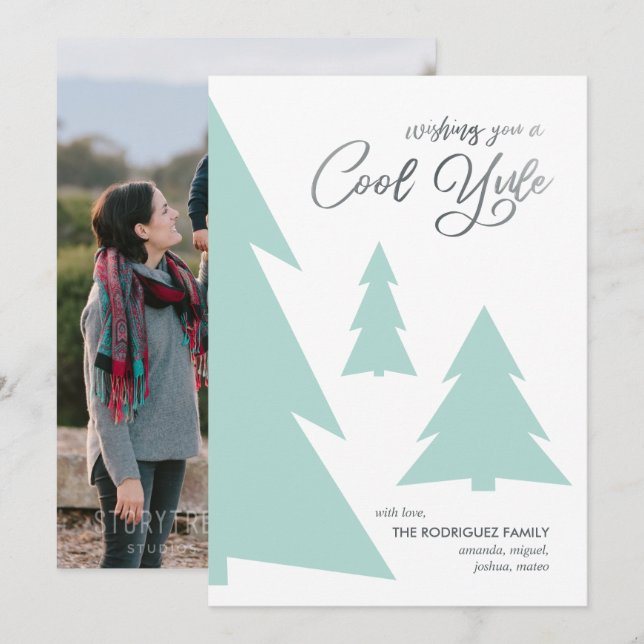 Foto för Modern Coola Yule Script Ljust grönt Träd Julkort (Fram/baksida)