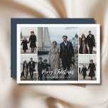 Foto för Modern Family Blue Nautical jul Beach Julkort<br><div class="desc">Det här helgdag har en ny blå och vit utformning, perfekt för familjer som kärlek stranden! Med fem fotopunkter kan du visa dina favoritfamiljemöjligheter. Kortet har ett skript för snyggt och ett nautiskt tema med segelbåtar, skapar det se roligt och speciellt ut. Det är ett underbart sätt att skicka varmt...</div>