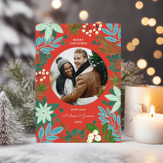 Foto för Modern God jul Blommigt med fetstil Julkort (Modern Bold Floral Merry Christmas Photo Holiday Card)