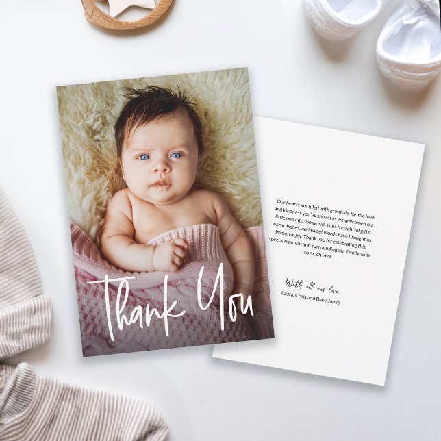 Foto för Modern Handlettering Anpassningsbar Flick Tack Kort (Cute Baby Girl photo Handlettering shower thank you card with personal message.)