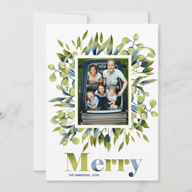 Foto för Modern Merry Grönt Blue Lövs Julkort (Framsida)