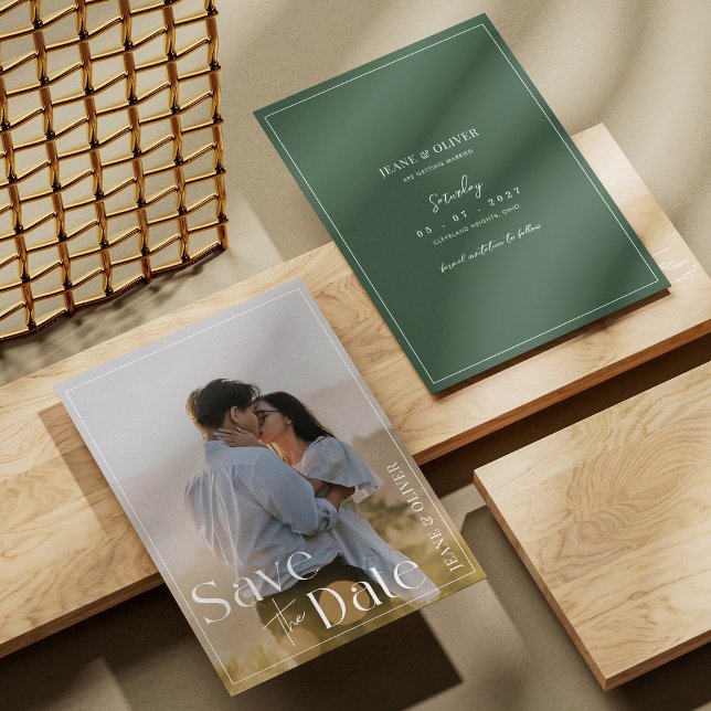 Foto för modern minimal och Elegant-Grönt av skog Spara Datumet (Personalized Modern Minimalist and Elegant Forest Green Photo Save The Date)