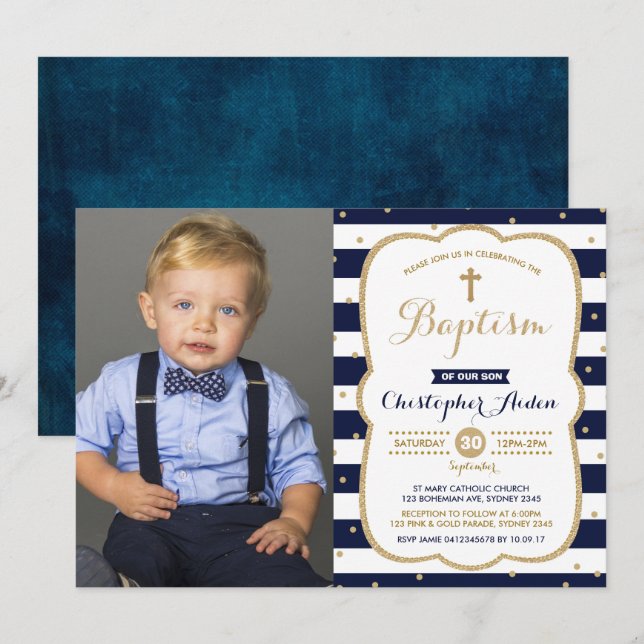 Foto för Modern Navy Faux Guld Boy Baptism Inbjudningar (Fram/baksida)