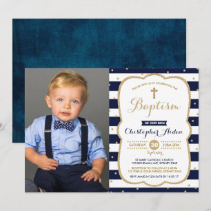 Foto för Modern Navy Faux Guld Boy Baptism Inbjudningar