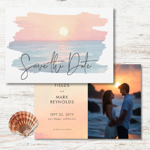 Foto för Modern Ocean Sunset Watercolor Beach Wedt Spara Datumet