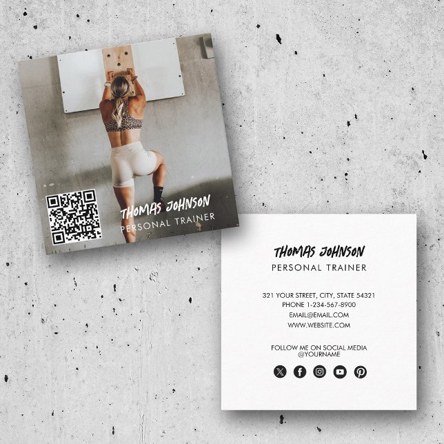 Foto för modern personlig tränarträning för Trendi Fyrkantigt Visitkort (Modern Trendy Personal Trainer Fitness Photo Square Business Card)