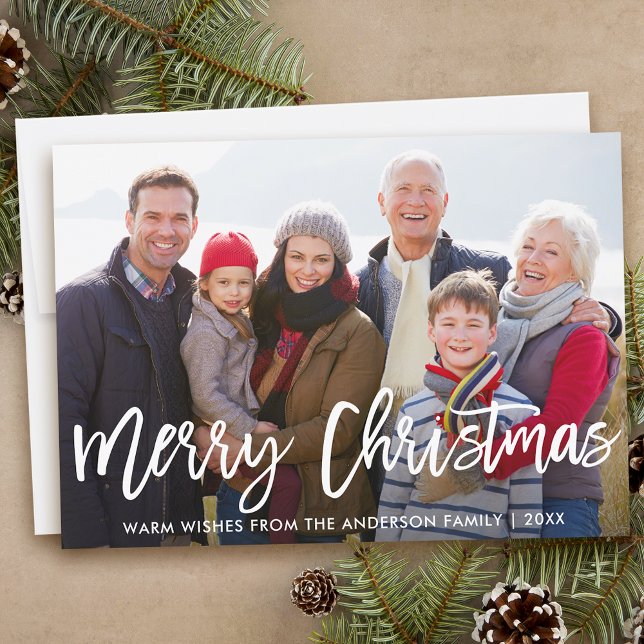 Foto för Modern Push Script God jul-familj Julkort (Customize to add text to back of card.)