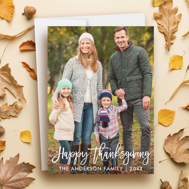 Foto för Modern Push Script Happy thanksgiving Julkort (Customize to add text or more photos to back of card.)