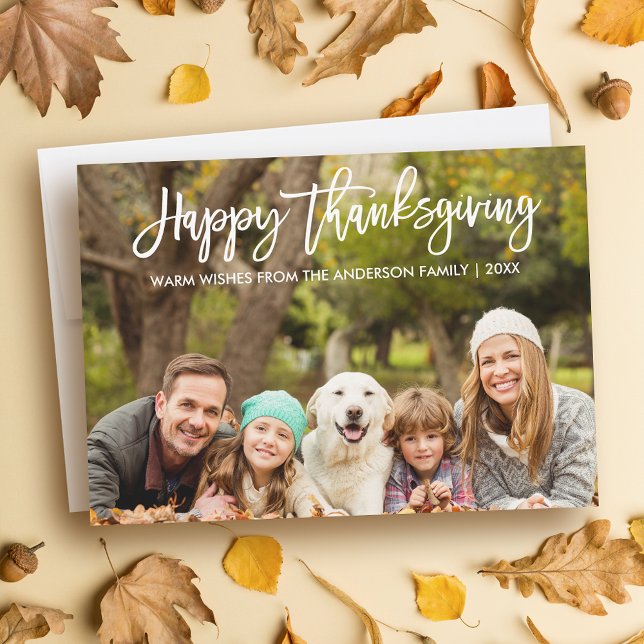Foto för Modern Push Script Thanksgiving Family Julkort (Customize to add text or more photos to back of card.)