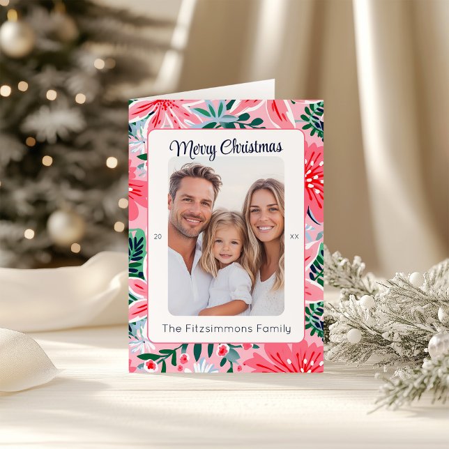 Foto för modern Rosa Helgdag Blommigt Helgkort (Pink Tropical Floral Folded  Christmas Card)