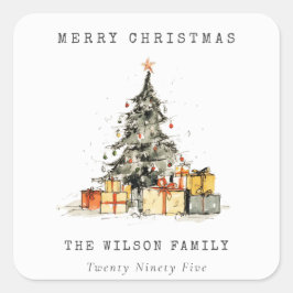 Foto för Modern Sketchy Julgran ger fotfoto Fyrkantigt Klistermärke
