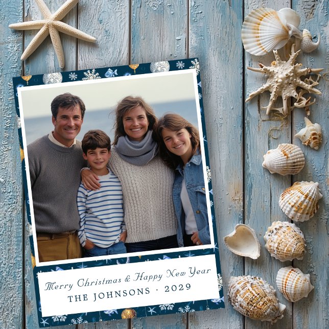 Foto för Modern Snöflingor och kustnära Inslag Julkort (Modern Snowflakes & Nautical Elements Photo Holiday Card)