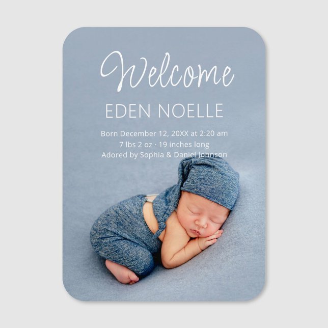 Foto för Modern White Script Birement Announcement Magnet (Custom baby photo magnet. Elegant, modern white script baby birth announcement photo magnet.)