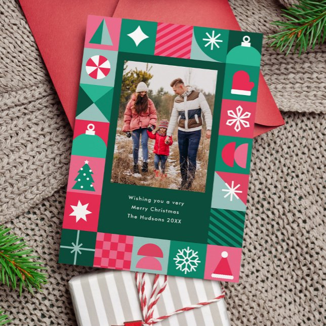 Foto för moderna geometriska julikoner julkort (fun, geometric, modern, Christmas photo card with simple holiday icons)