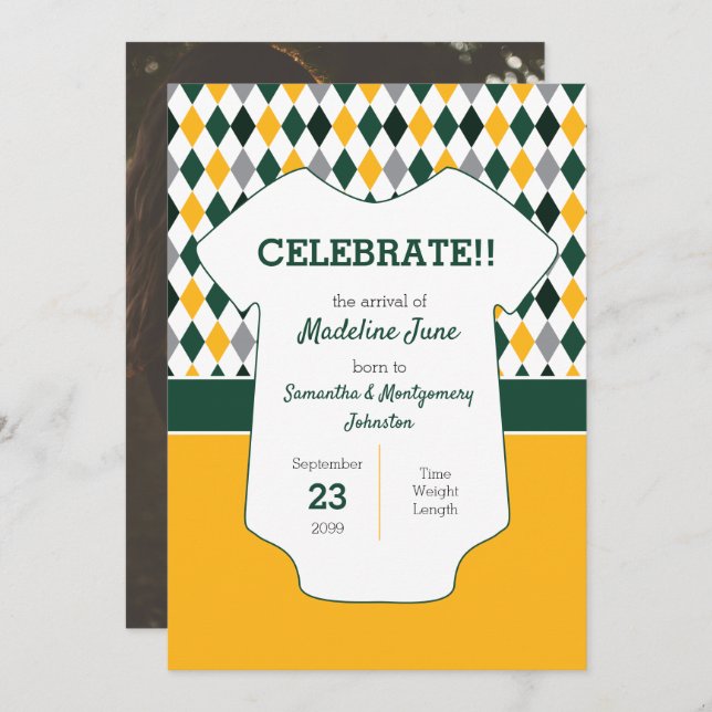 Foto för mörk grönt och Gult Argyle Mönster Baby Meddelande (Fram/baksida)