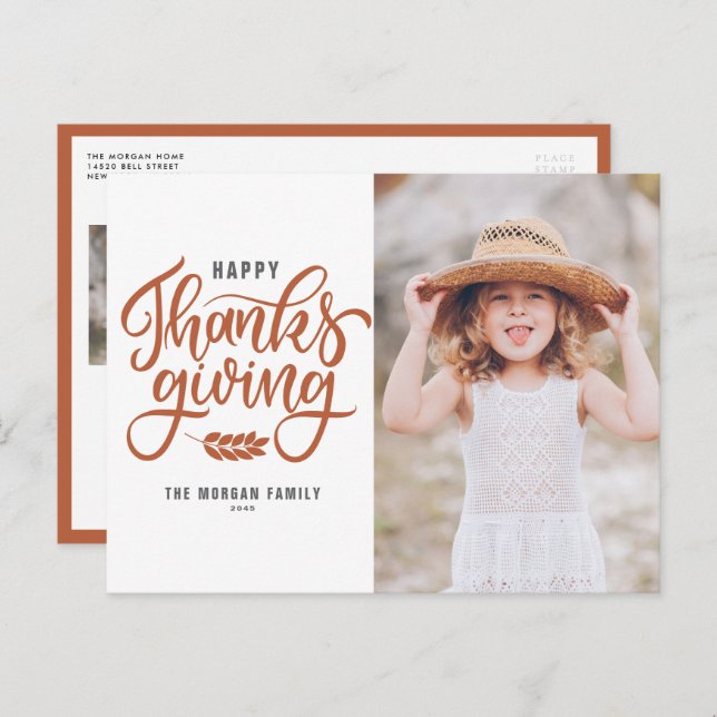 Foto för Orange hand-bokstäver i Happy thanksgivin Helg Vykort (Fram/baksida)