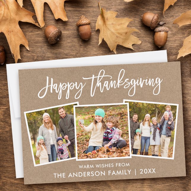Foto för penselskript Happy thanksgiving Kraft 3 Julkort (Customize to add text or more photos to back of card.)