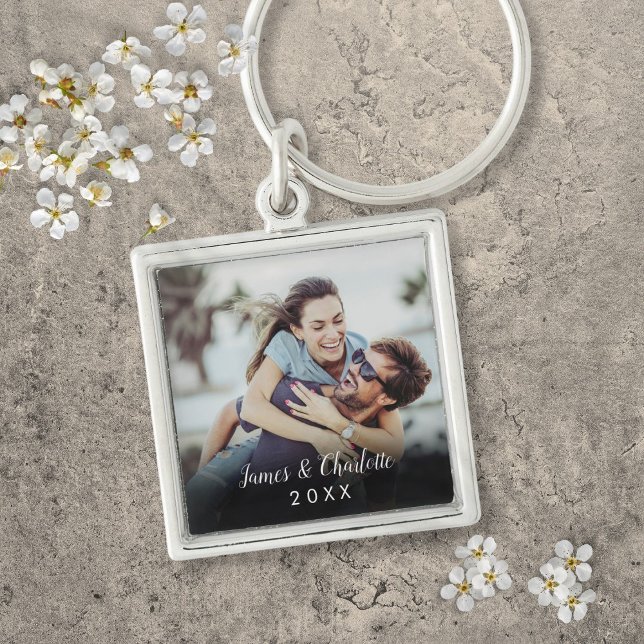 Foto för personlig - enkelt Modern Elegant-skript Fyrkantig Silverfärgad Nyckelring (Personalized Simple Modern Elegant Script Photo Keychain)