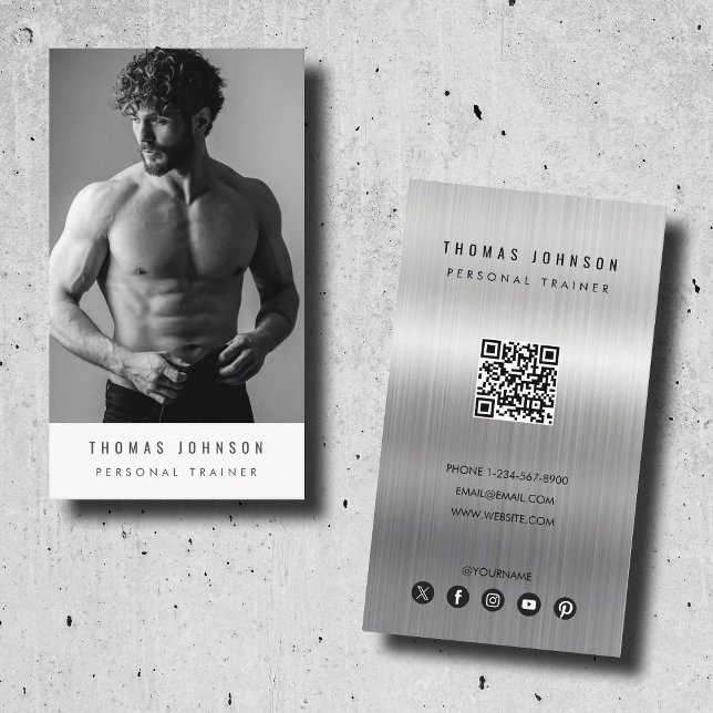 Foto för personlig tränare för Brushed Metall-trän Visitkort (Brushed Metal Personal Trainer Fitness Photo Business Card)