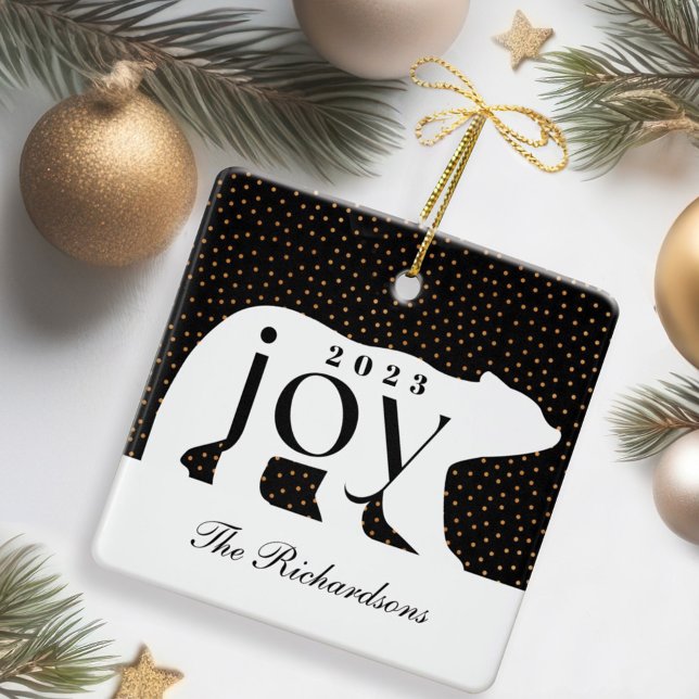 Foto för Polarna Black & Guld Confetti Bear Joy Fa Julgransprydnad Keramik (Black & Gold Confetti Polar Bear Joy Family Photo Ceramic Ornament)