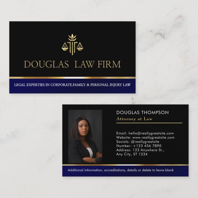 Foto för professionell Navy Blue Attorney Visitkort (Fram/baksida)