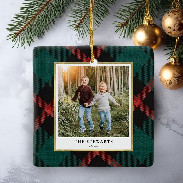 Foto för prydnadstrafik julgransprydnad keramik (Plaid Tradition square ornament)