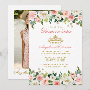 Foto för Quinceanera Rosa Blommigt Guld Krona Inbjudningar