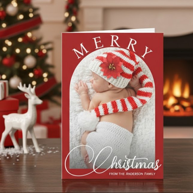 Foto för Red and White God jul-familjen Helgkort (Red And White Merry Christmas Family Photo Holiday Card)