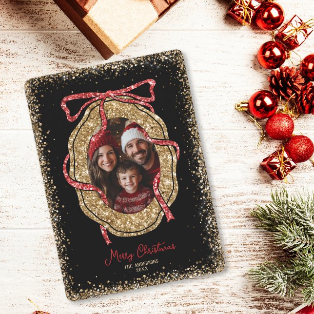 Foto för Red Guld Glitter God jul-familjen Inbjudningar (red and gold glitter bow photo frame christmas card)