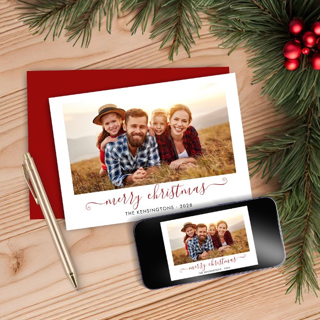 Foto för Red Script God jul Helgdag Julkort (Red Script Merry Christmas Holiday Photo Card)