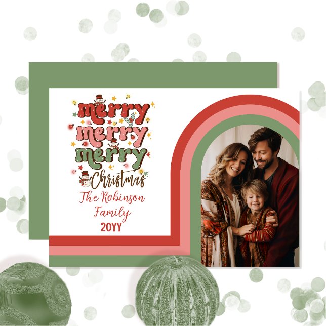 Foto för Retro Arch God jul Family Photo Julkort (Retro Arched Photo Merry Christmas Family Photo Holiday Card - Retro Pink, Red and Green)