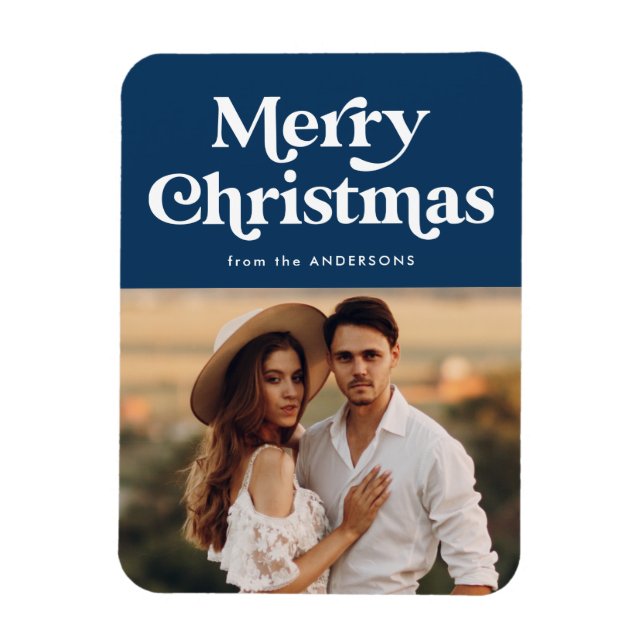 Foto för Retro Typography Navy God jul Magnet (Vertikal)