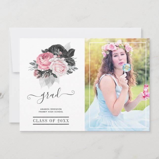 Foto för rosa och svart Blommigt Studenten Meddelande (Framsida)