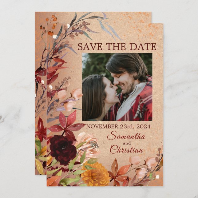  foto för Rustik höstbloom Burgundy Spara Datumet (Fram/baksida)