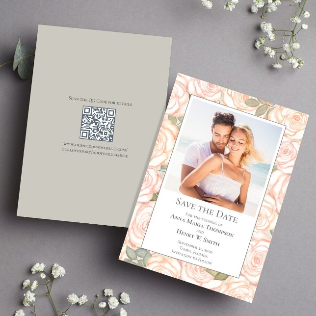 Foto för Sage Grönt Bröllop spara datum Blommigt Datumet (Sage green wedding save the date photo card. With a scannable QR Code Template.)