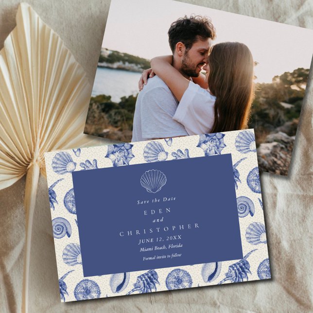 Foto för Seashell Coastal Beach Wedding Photo Spara Datumet (Seashell Coastal Beach Wedding Photo Save The Date)