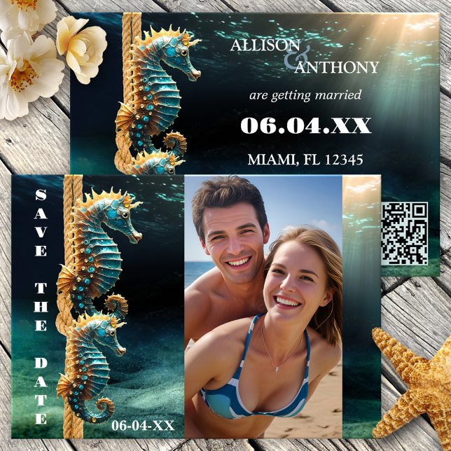 Foto för sjöhästar vid havet - spara datum meddelande (Save the Date card featuring your photo on an underwater scene with seahorses tying the knot - QR)