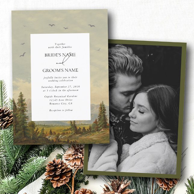 Foto för skogsområdet Gräs Träd i skogsområdet Brö Inbjudningar (Watercolor Pine Tree Forest Mountain Wedding Photo Invitation)