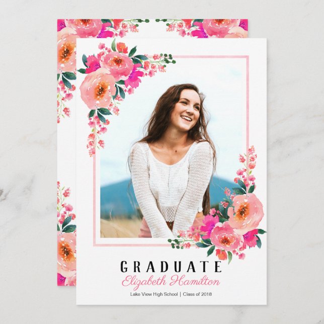 Foto för Studentfesten Student Rosa Blommigt Ram  Inbjudningar (Fram/baksida)