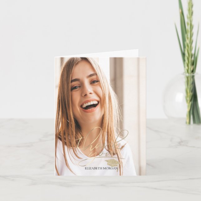 Foto för Studentmössan Calligraphy Guld Glitter Tack Kort (Framsida)