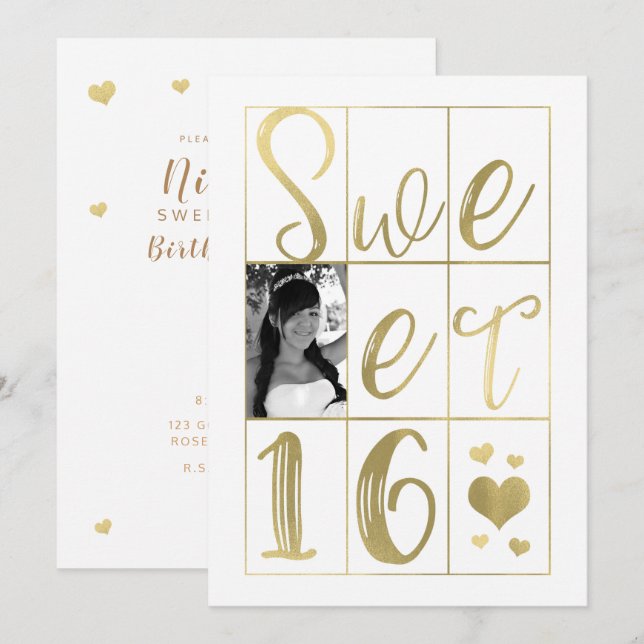 FOTO FÖR SVEET 16 SEXTEEN Guld & White Hearts Inbjudningar (Fram/baksida)