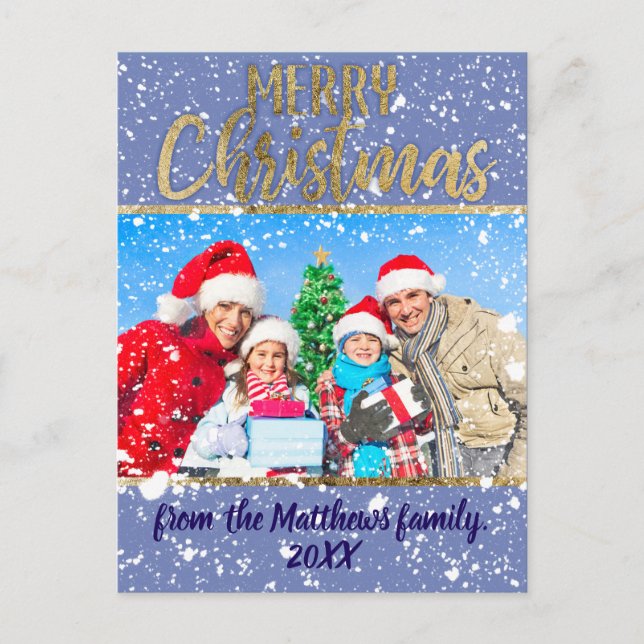 Foto för textfamiljen God jul Snö Fall Guld Helg Vykort (Framsida)